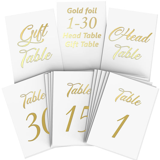 Foil table number cards set with gold “Head Table” and “Gift Table” designs (1–30)