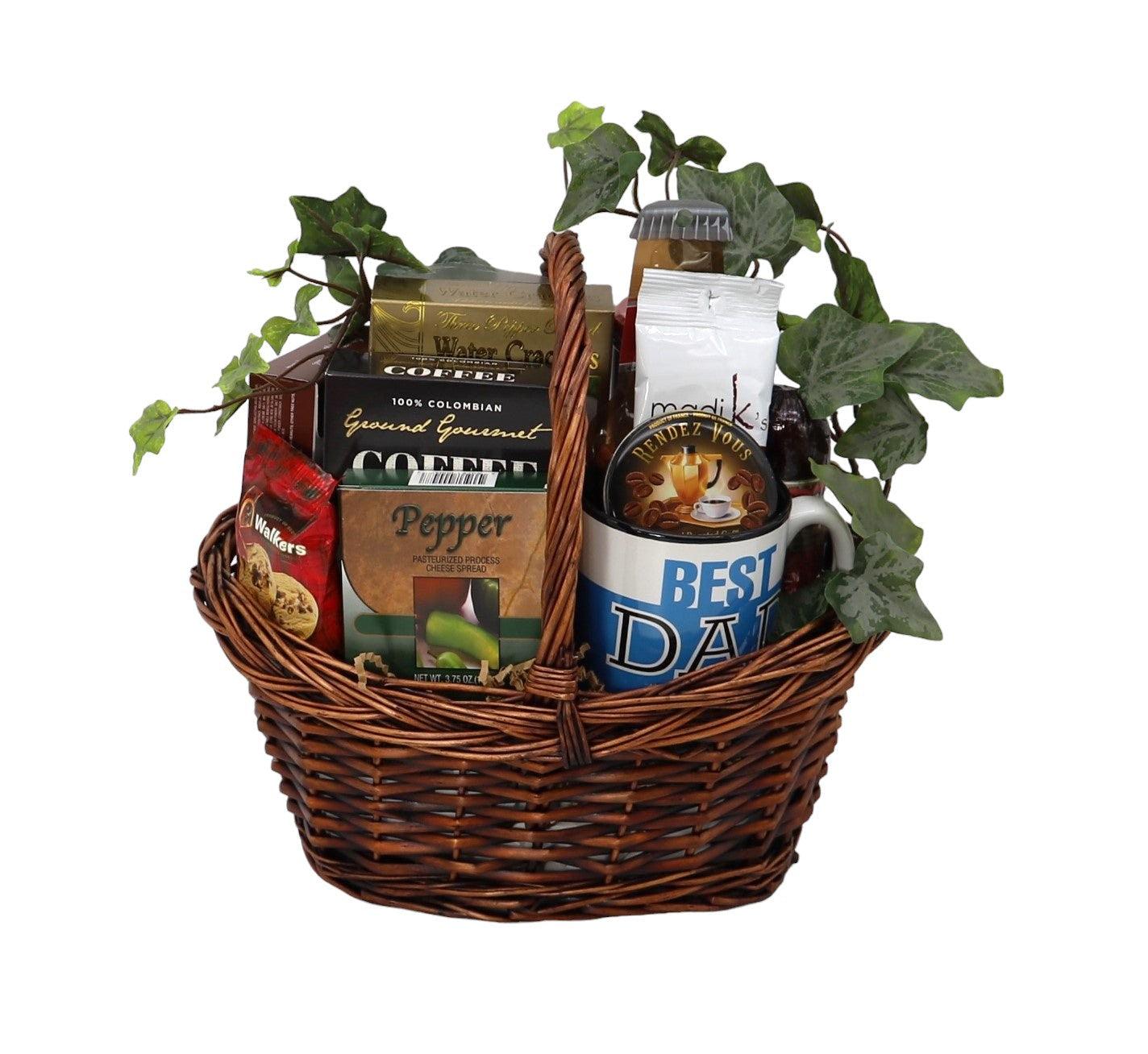 Gift basket with coffee, hot cocoa, pepper snacks, and nuts in a woven basket