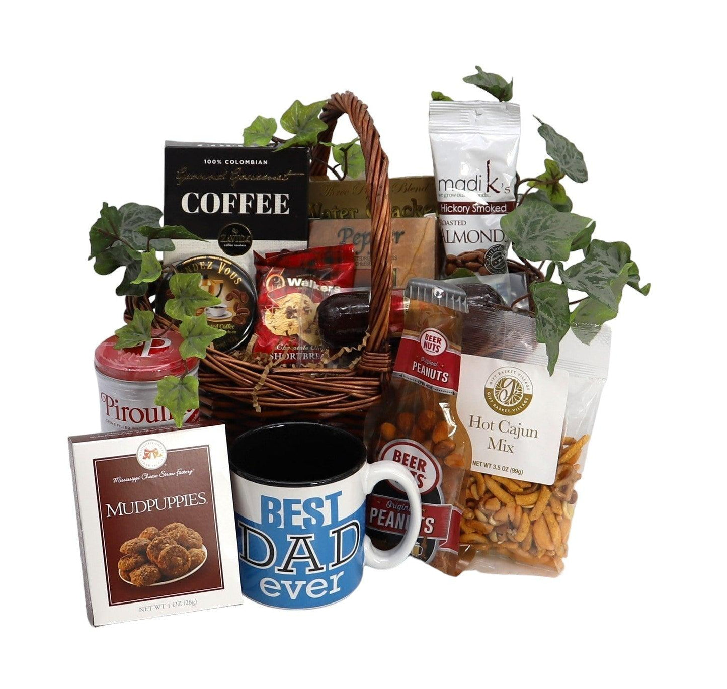 Gift basket with assorted snacks, coffee, mug, and peanuts in a woven basket