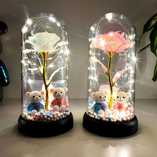 Glowing dome rose decoration with white glitter rose, two teddy bears, lighted base