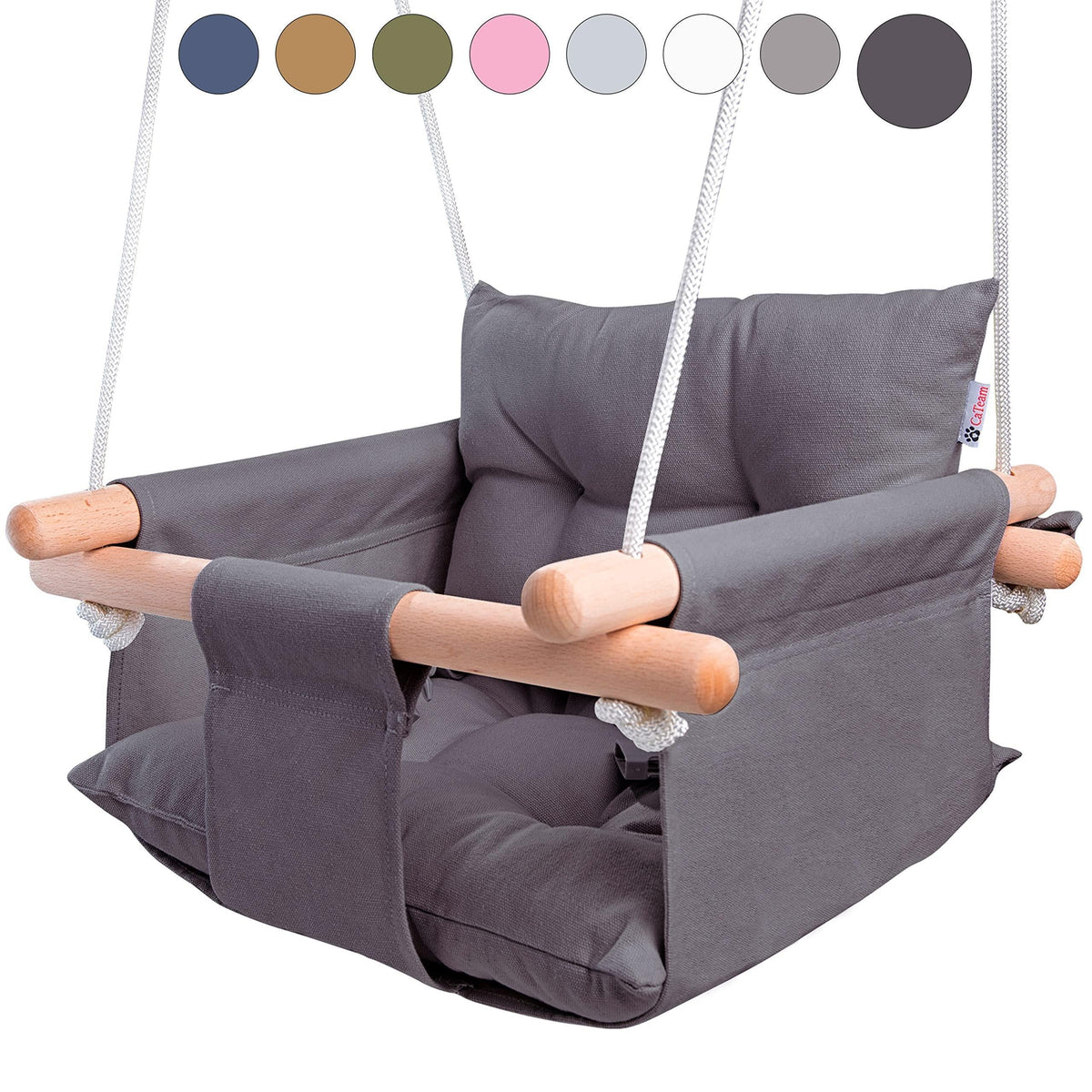 Dark gray baby hanging swing chair with wooden dowels and safety belt, no child