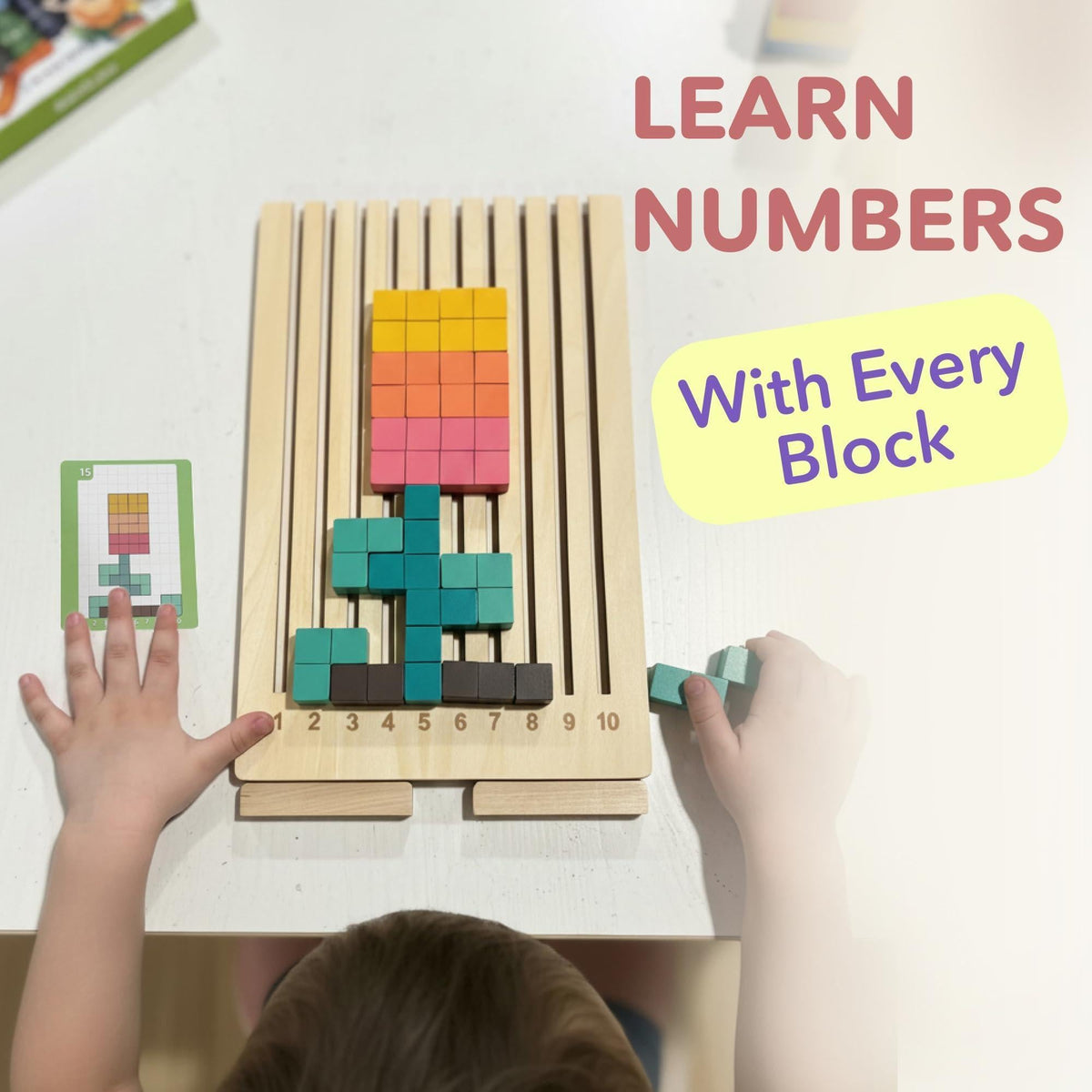 Wooden number-learning puzzle board with multicolor stacked blocks and hands.