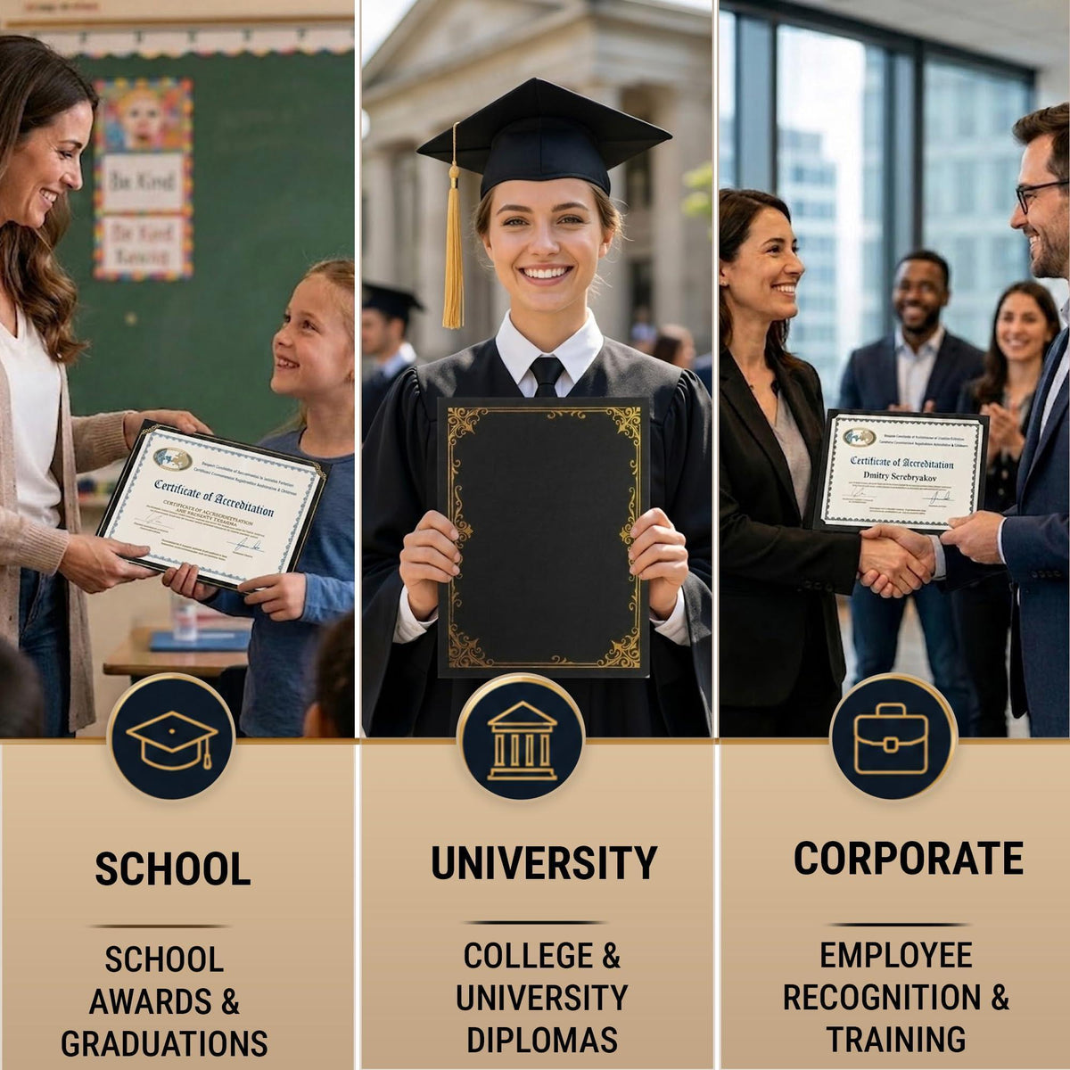 Black certificate holder with gold foil border held for school awards