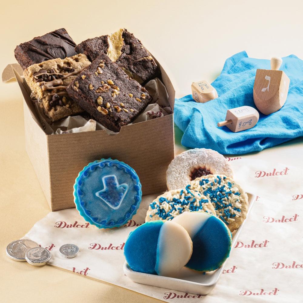 Deluxe Hanukkah Dreidel Cookie Gift Basket with assorted chocolate cookies and blue star cookie