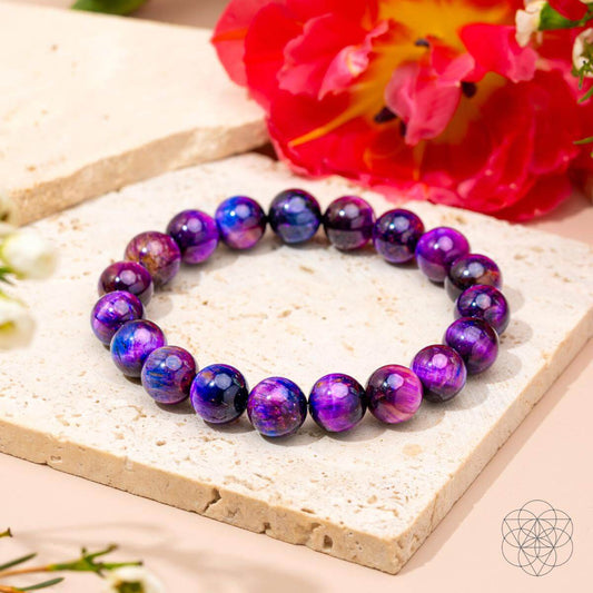 Purple and blue tiger’s eye bead bracelet with round gemstone beads