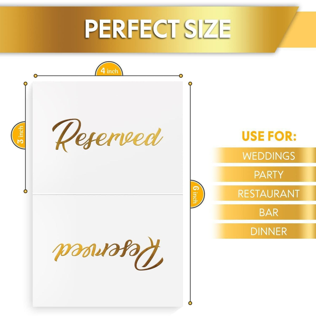 Reserved table tent sign card showing “Reserved” text; 4 inch size marked