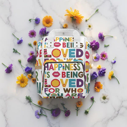 Happiness is Being Loved for Who You Are Diaper Backpack - Colourful Positive Slogan Baby Bag for Inclusive Parents