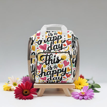 This Is A Happy Day Diaper Backpack – Colourful Hearts & Sunshine Print | Insulated Bottle Pockets | Large Capacity Nappy Bag | Baby Shower & New Mum Gift