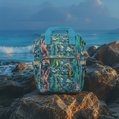 Deep Sea Mermaid Scale Diaper Backpack – Iridescent Teal & Gold Scales with Flowing Seaweed | Insulated Bottle Pockets | Large Capacity Nappy Bag | Baby Shower Gift