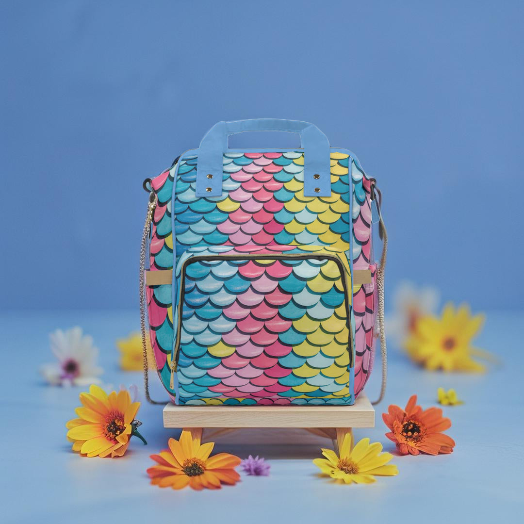 Mermaid Scale Diaper Backpack – Rainbow Holographic Fish Scale Print | Insulated Bottle Pockets | Large Capacity Nappy Bag | New Mum Baby Shower Gift