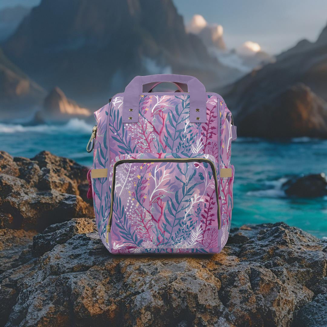 Enchanted Underwater Garden Diaper Backpack – Dreamy Lavender Botanical Seaweed Print | Insulated Bottle Pockets | Large Capacity Nappy Bag | Baby Shower Gift