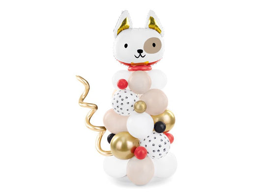 Dog-themed balloon bouquet with white dog face topper, paw-print balloon, and gold accents