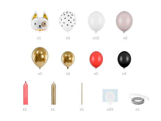 Set of balloons for a dog-themed bouquet: white dog topper, patterned balloon, gold, red, and black