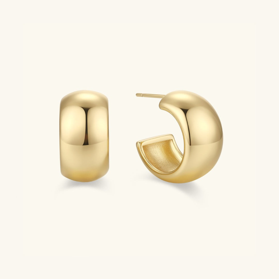 Gold dome hoop earrings with hinged post closure, polished rounded shape
