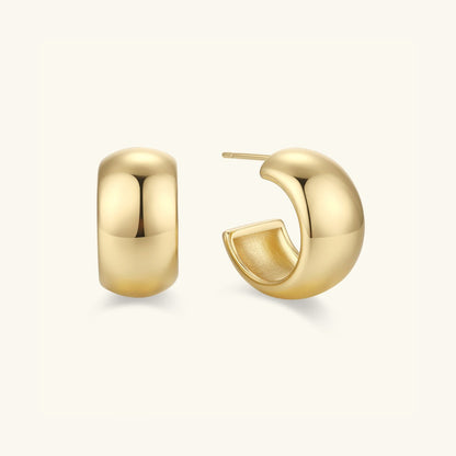 Gold dome hoop earrings with hinged post closure, polished rounded shape