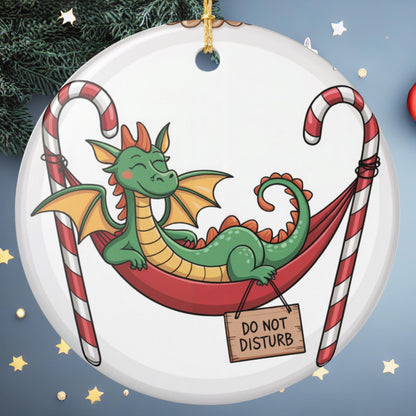 Do Not Disturb Dragon Christmas Ornament - Funny Dragon Napping in Candy Cane Hammock Ceramic Keepsake Gift for Dragon Lovers