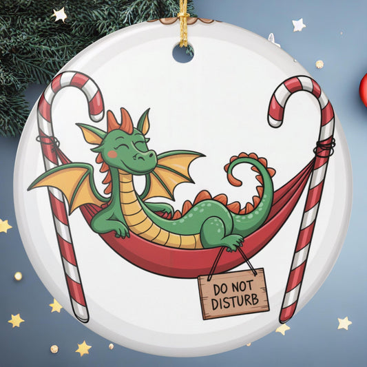 Do Not Disturb Dragon Christmas Ornament - Funny Dragon Napping in Candy Cane Hammock Ceramic Keepsake Gift for Dragon Lovers