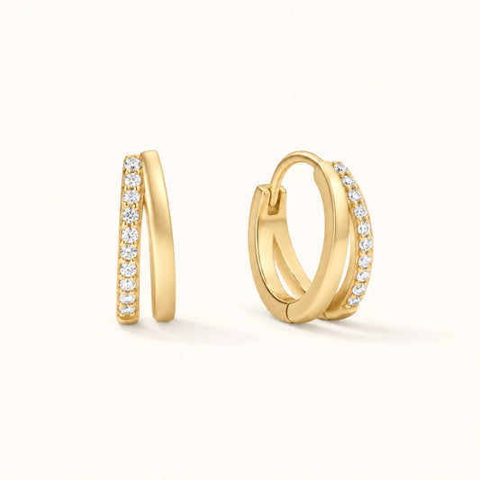 Gold double-pave hoop earrings with clear stones, hinged for small hoop look