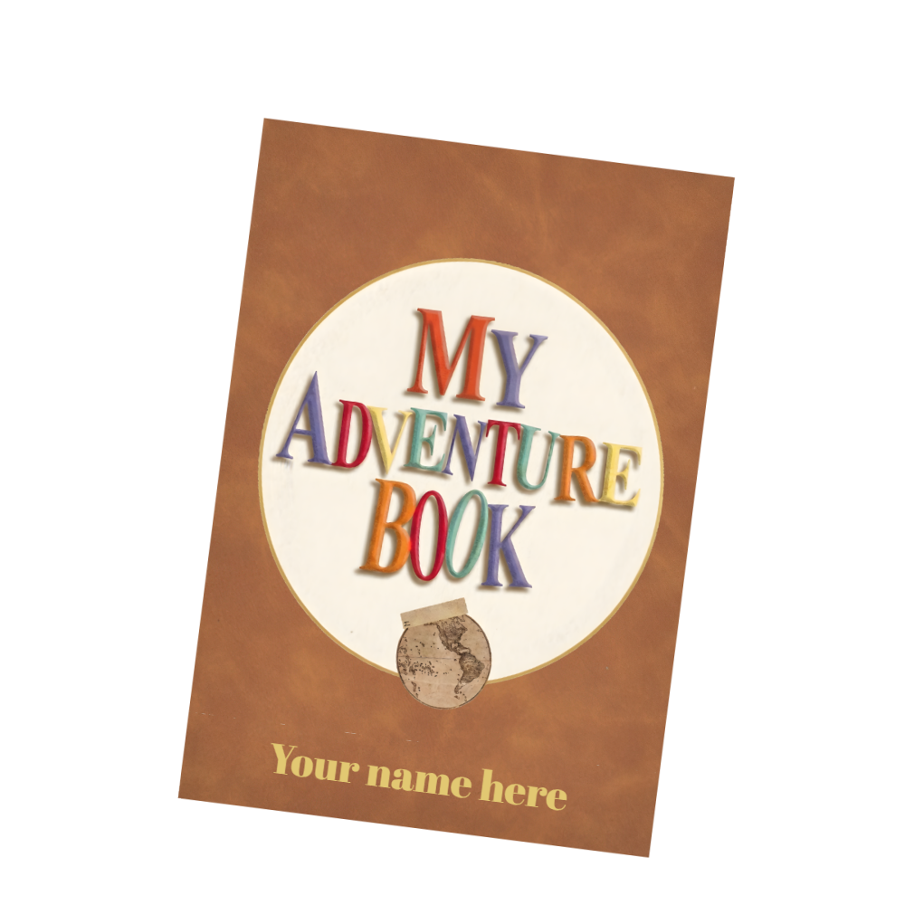 Brown faux-leather notebook cover with “My Adventure Book” emblem and “Your name here”