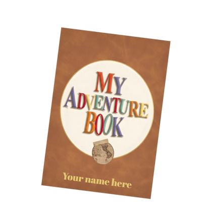 Brown faux-leather notebook cover with “My Adventure Book” emblem and “Your name here”