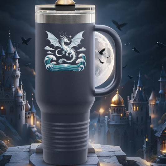 Insulated travel mug in dark gray with dragon graphic, clear lid and side handle