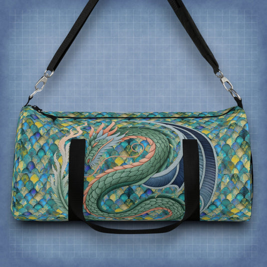 Mermaid-scale duffel bag with green dragon graphic, black straps and handles