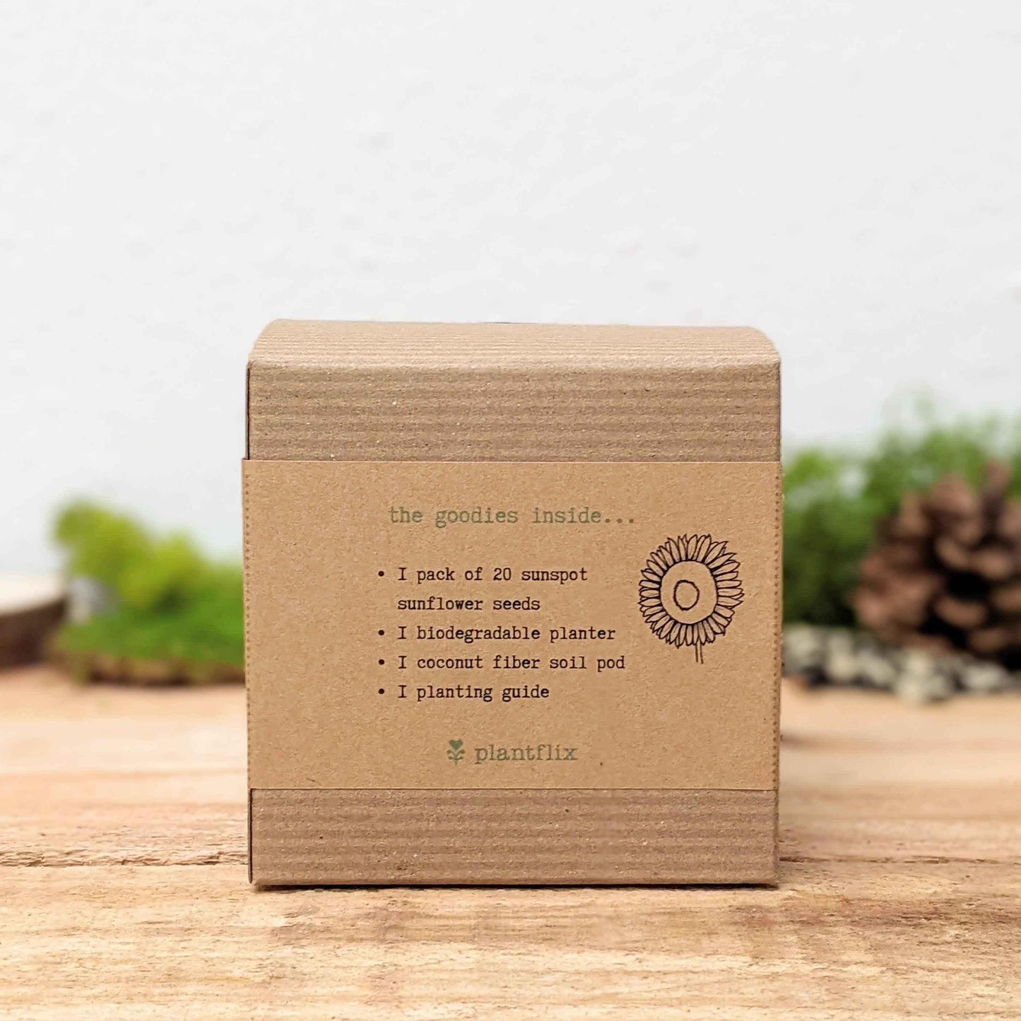 Seed kit box back: 'goodies inside' list and plantflix logo