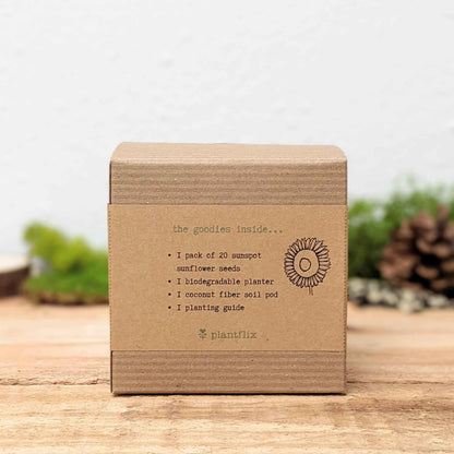 Seed kit box back: 'goodies inside' list and plantflix logo