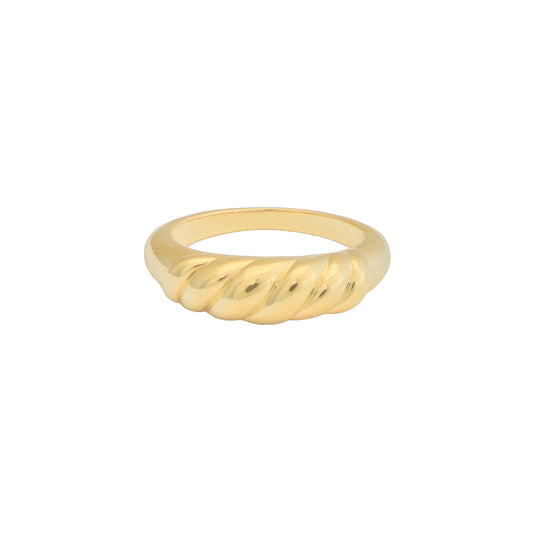Gold-plated dome band ring with twisted croissant texture, smooth rounded edges
