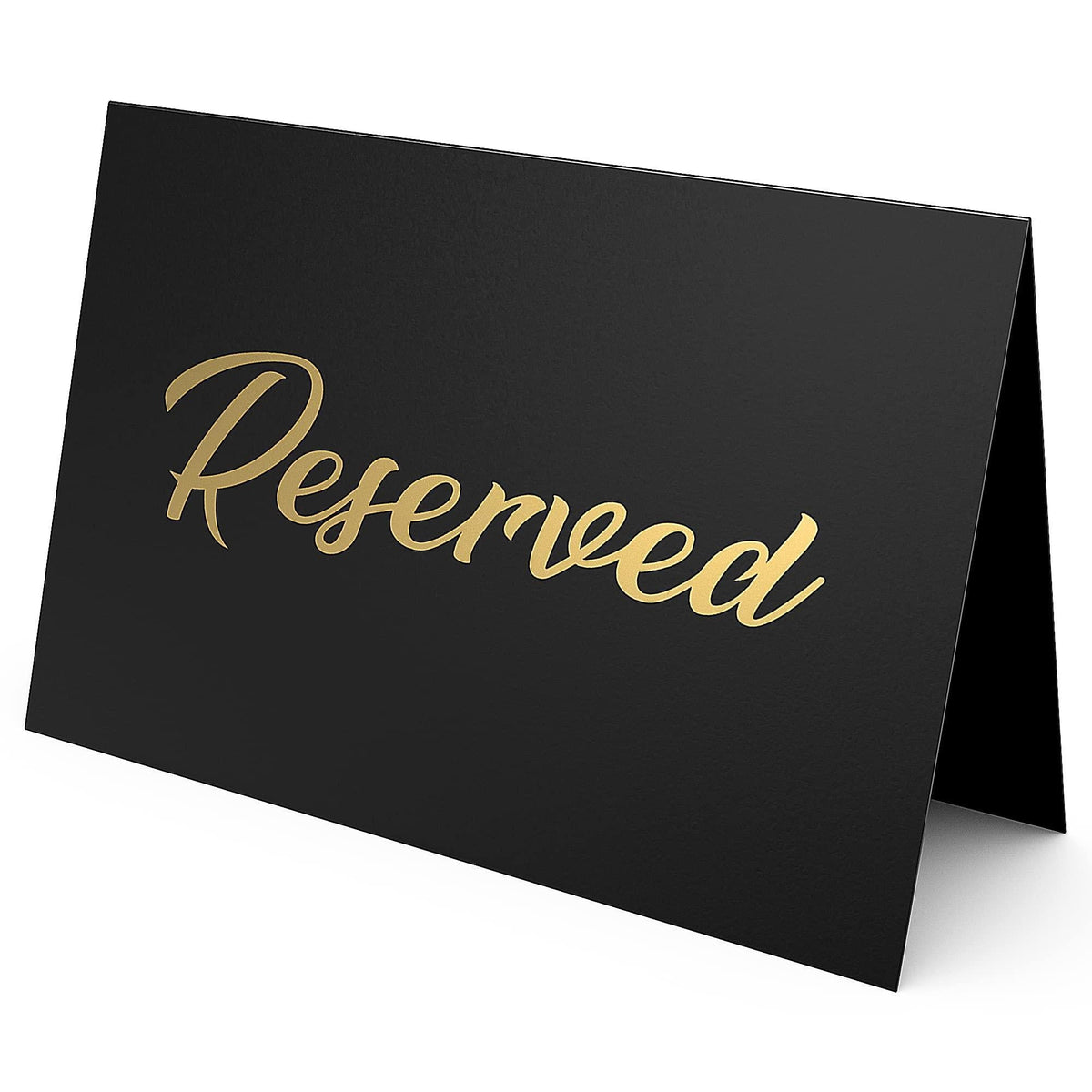 Black table tent sign card with gold-foil “Reserved” lettering, double-sided