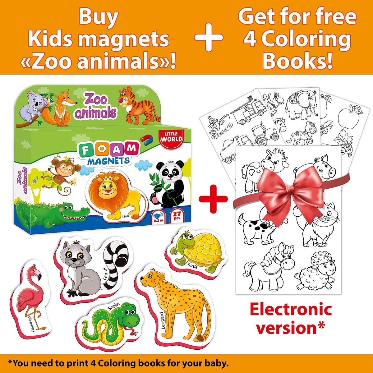 Zoo animals foam magnet set with 27 pieces, plus included coloring book sheets
