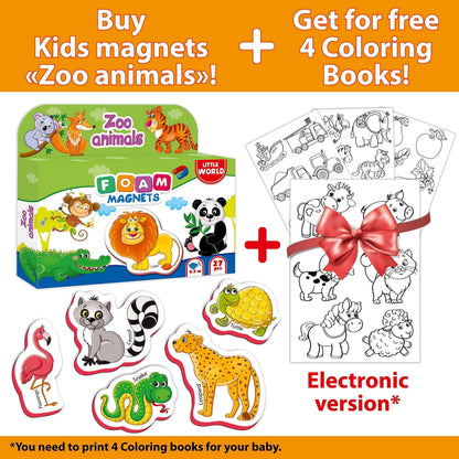 Zoo animals foam magnet set with 27 pieces, plus included coloring book sheets