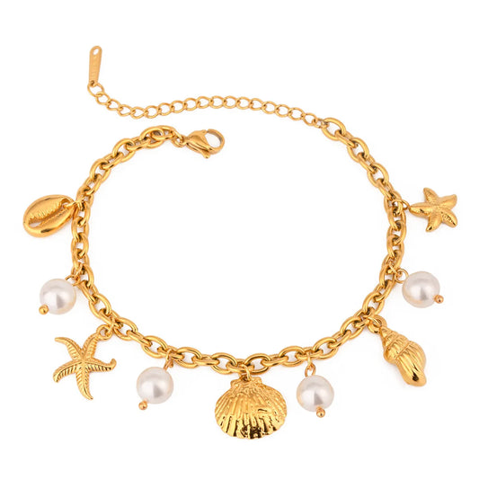 Gold Ocean Charm Bracelet – Starfish, Seashell, Seahorse & Pearl | 18K Gold Plated Stainless Steel | Adjustable 9.1" | Coastal Jewellery Gift for Her