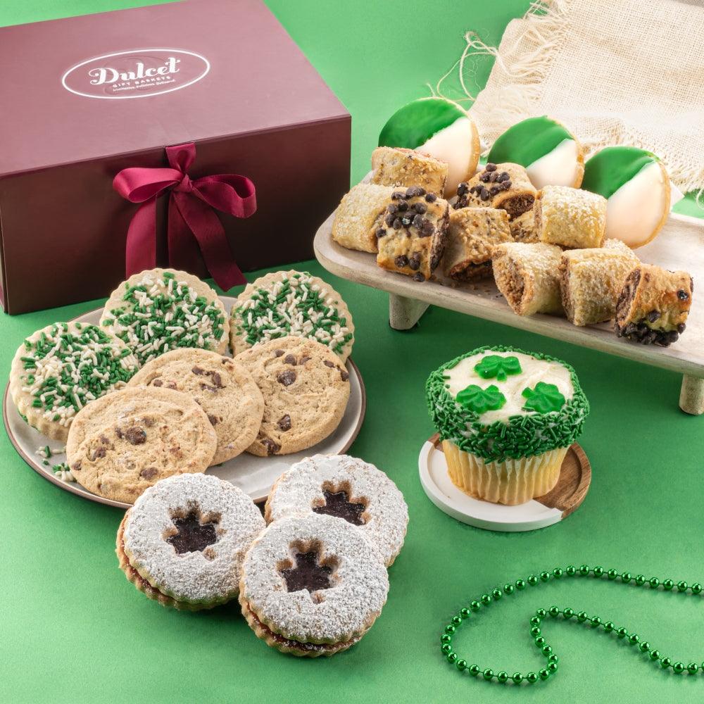 St. Patrick’s cookie sampler with green-and-white shamrock cookies, bars, and cupcakes