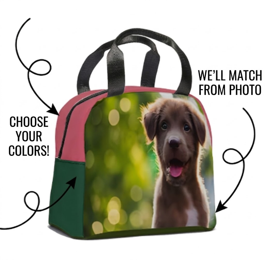 Insulated lunch tote bag printed with dog photo; pink front, green side panels.