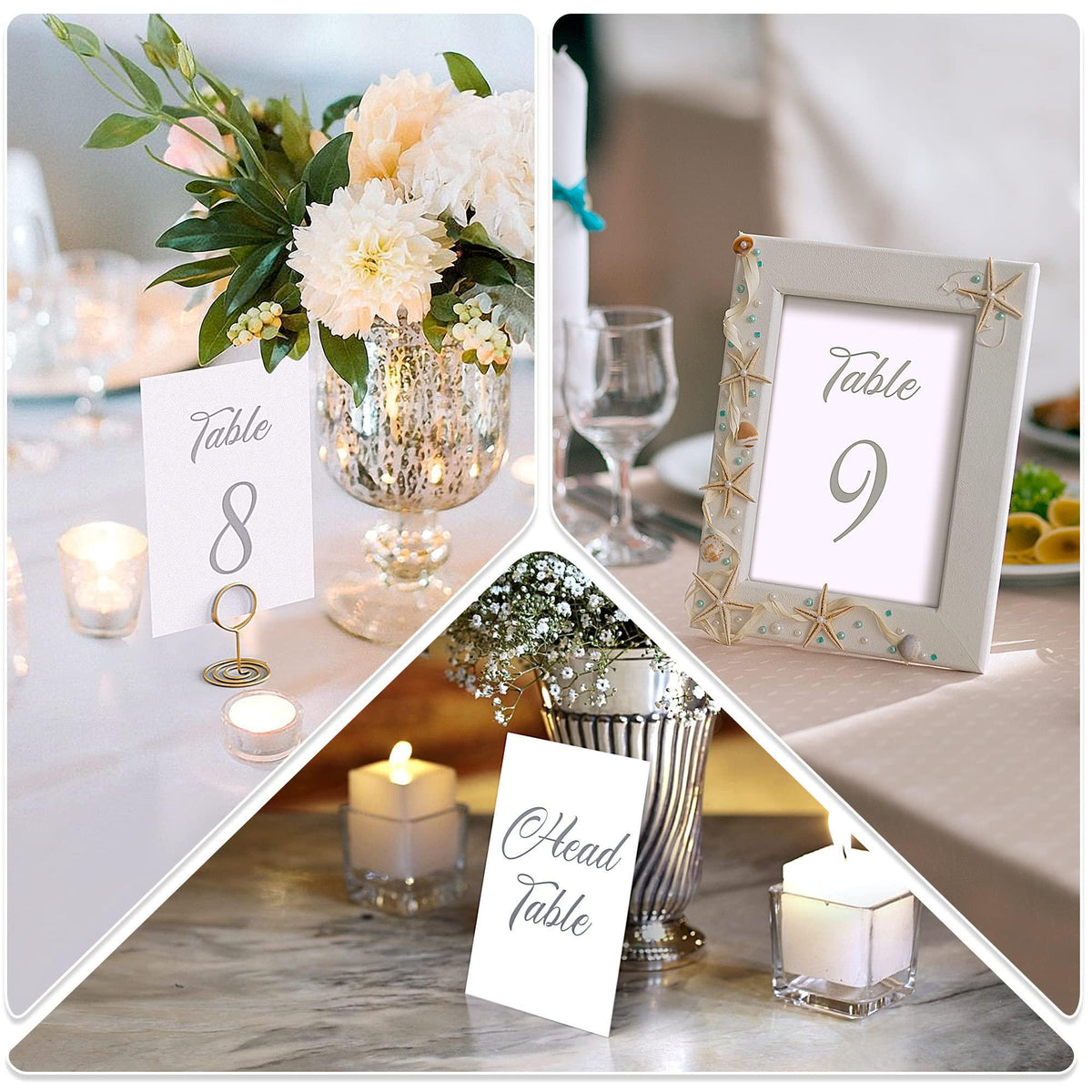 Gold foil table cards with stands, showing 'Table 8' and 'Head Table'