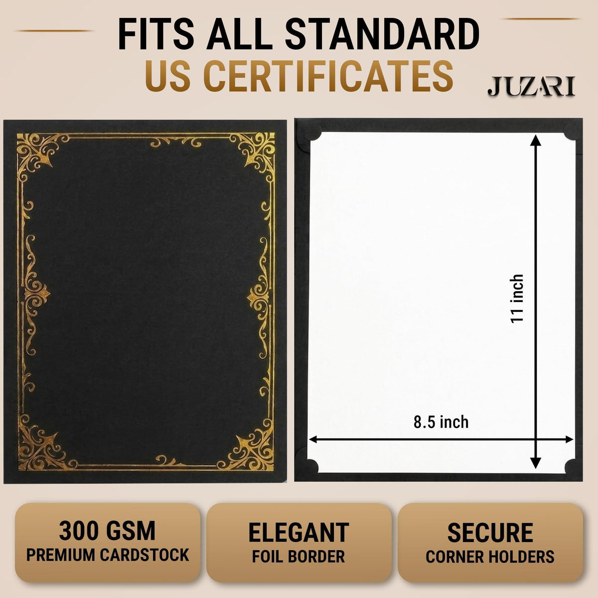 Black certificate holder with gold foil corner border; fits 8.5x11 documents