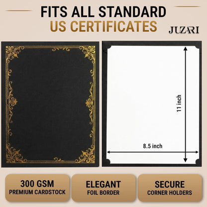 Black certificate holder with gold foil corner border; fits 8.5x11 documents