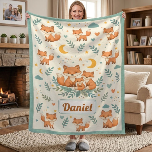 Fox blanket held up showing woodland foxes, stars and leaves with teal border and Daniel.