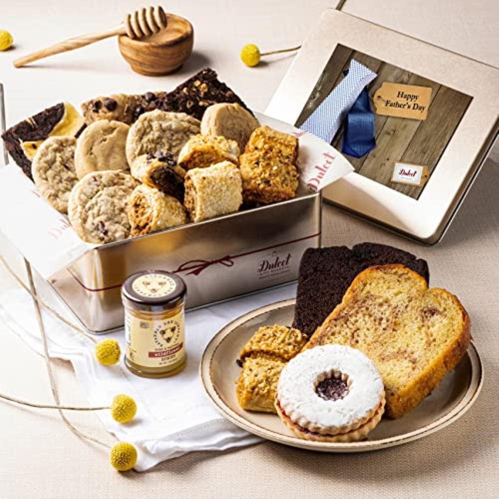 Deluxe Honey & Pastry Gift Tin open with cookies, honey jar, and printed card