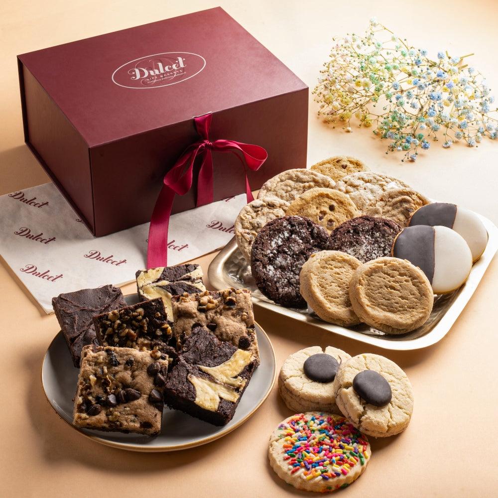 Cookie and Brownie Party Box with assorted cookies, brownies, and sprinkles on plates