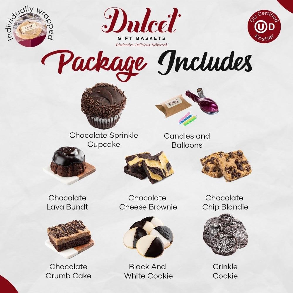 Chocolate gift basket package includes cupcake, lava bundt, brownie, chip blondie, cookies