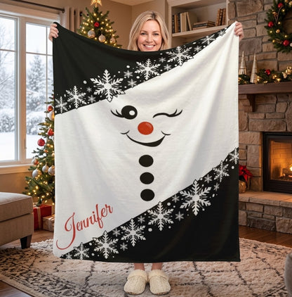 Personalized Snowman Christmas Blanket with Name - Bold Black & White Snowflake Design with Winking Snowman Face
