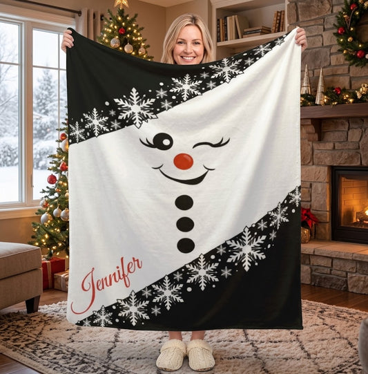 Personalized Snowman Christmas Blanket with Name, Black & White Snowflakes