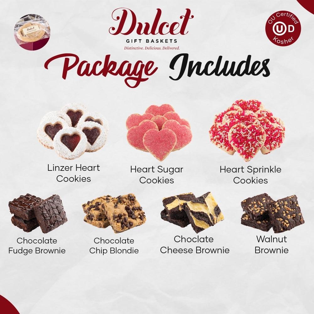 Cookie assortment package includes heart cookies, brownies, and fudge brownie varieties