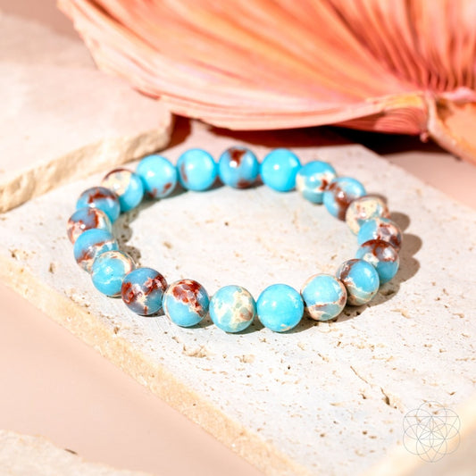 Empath’s Shield aqua terra jasper bead bracelet, blue and brown speckled round beads