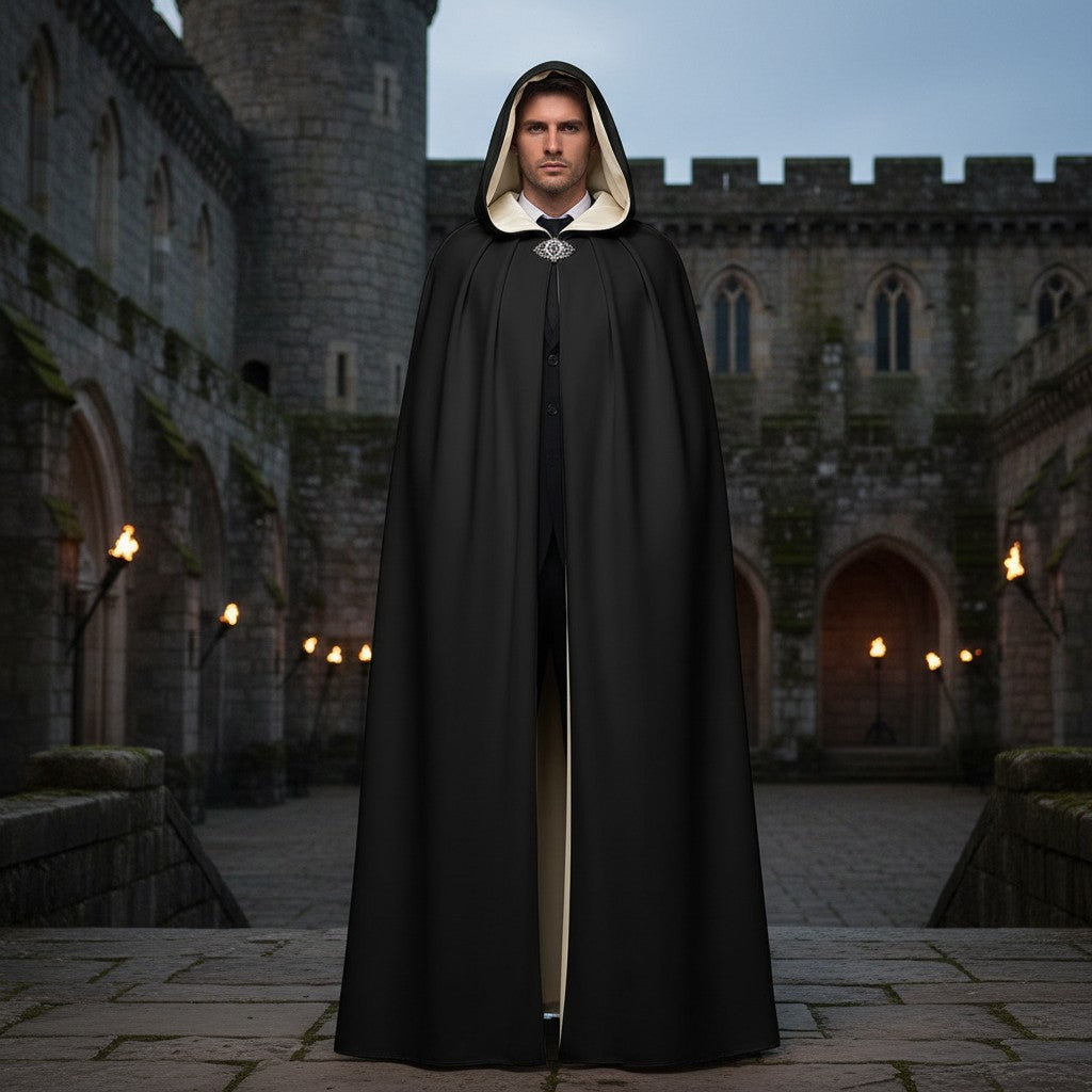 Black hooded cloak with light trim and small chest emblem