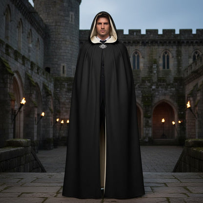 Black hooded cloak with light trim and small chest emblem