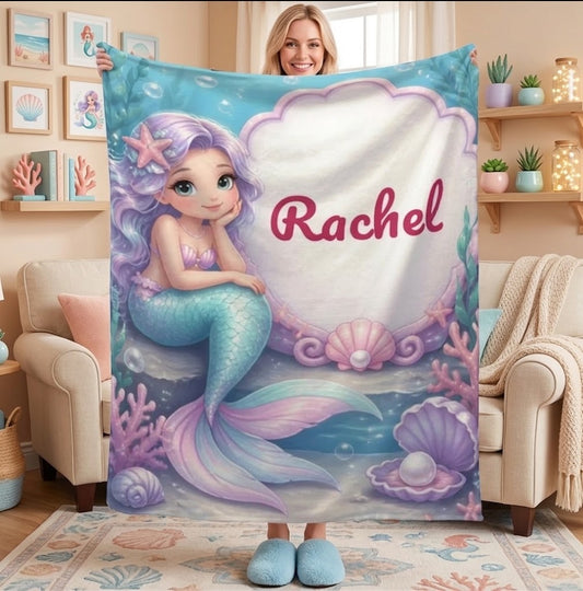 Mermaid personalized blanket throw with “Rachel” centerpiece and teal purple colors