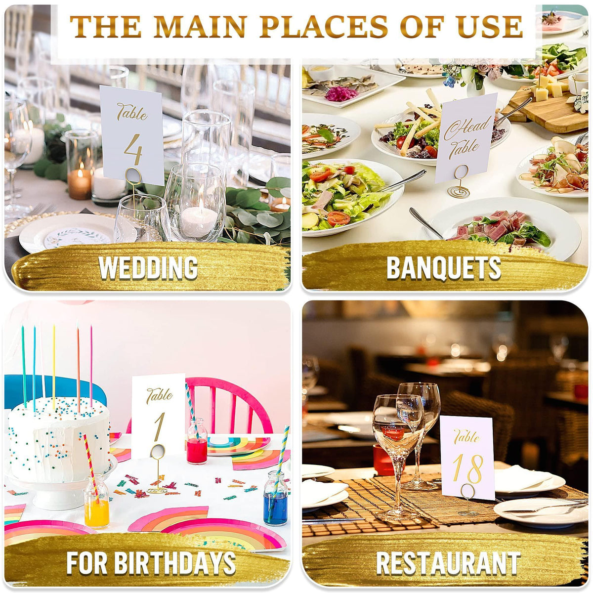 Foil table number card set shown on table settings for weddings, banquets, birthdays, and dining